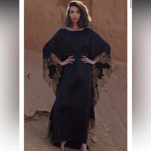 Rosamosario 100% Silk Black Silk Gold Chantilly Lace Kaftan with Train Clemira